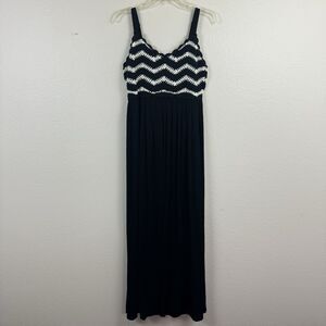 Du Jour Boho Sleeveless Crochet Bodice Gauzy Maxi Dress Smocked Black Medium